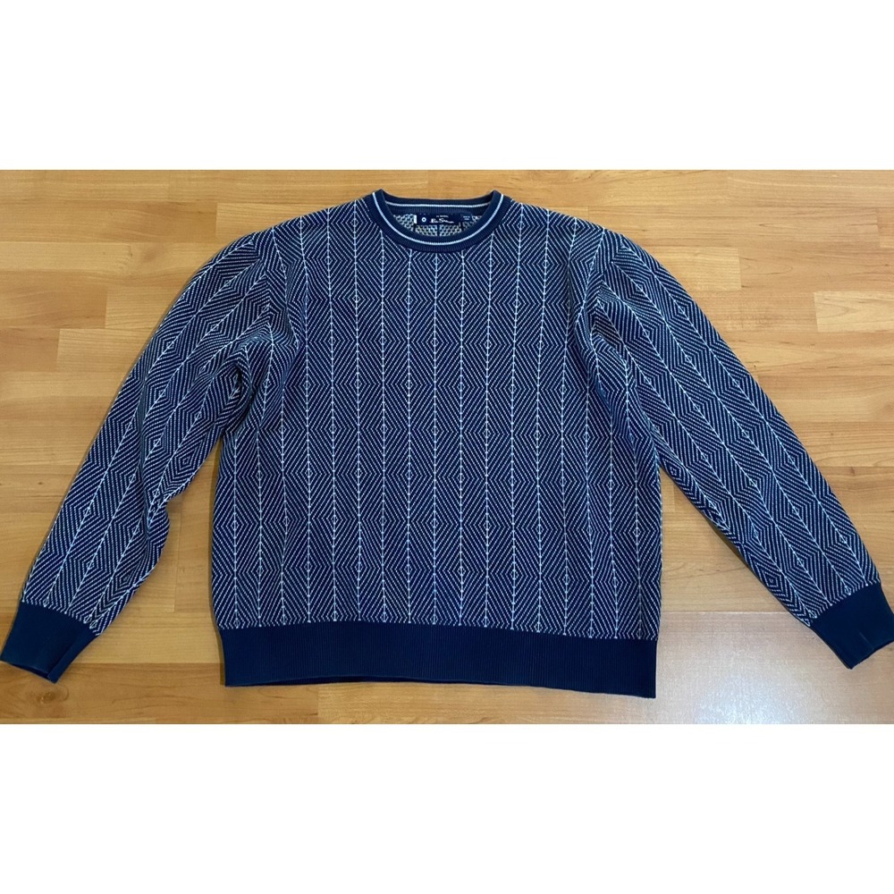 Ben Sherman Sweater Mens XL Blue White Geometric Knit 100% Cotton Crew Neck